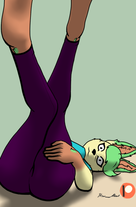 anthro barefoot blue_clothing blue_shirt blue_topwear braless brown_feet brown_hands butt clothed clothing dipstick_ears dipstick_limbs eeveelution erect_nipples erect_nipples_under_clothes feet female furry green_ears green_hair hair hand_on_leg hand_on_thigh how-about inner_ear_fluff leaf leaf_hair leafeon leg_grab leggings legwear looking_at_viewer lying multicolored_ears nintendo nipples on_back plant plant_hair pok&eacute;mon pok&eacute;mon_(species) pose presenting presenting_hindquarters pseudo_hair purple_clothing purple_leggings purple_legwear relaxed_expression relaxing shirt solo suggestive thigh_grab tights topwear tuft video_games yellow_body