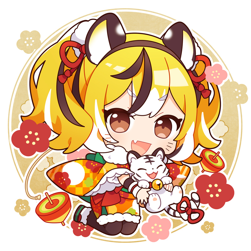 :d animal animal_ears black_hair blonde_hair blush brown_eyes checkered_clothes checkered_kimono cherry_blossoms chibi chinese_zodiac fang fur_trim hair_ornament hair_ribbon hairband holding holding_animal japanese_clothes kimono koguma105 long_sleeves looking_at_viewer medium_hair multicolored_hair new_year obi open_mouth original pantyhose pom_pom_(clothes) pom_pom_hair_ornament ribbon sash seiza sitting smile spinning_top streaked_hair tail tail_ornament tail_ribbon thick_eyebrows tiger tiger_ears twintails v-shaped_eyebrows whiskers white_hair wide_sleeves wristband year_of_the_tiger