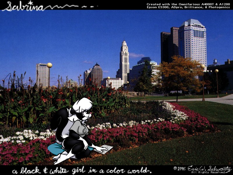 1995 3_toes 4_fingers anthro barefoot black_body black_fur bottomless character_name city clothed clothing countershading detailed_background digital_media_(artwork) eric_schwartz eyewear feet female fingers flower fur glasses gloves_(marking) grass grey_clothing hair leg_markings mammal markings mephitid multicolored_hair outside photo_background pillow pink_nose plant plantigrade sabrina_(sabrina_online) sabrina_online shirt signature sitting skunk skyline socks_(marking) solo toes topwear two_tone_hair webcomic white_body white_fur