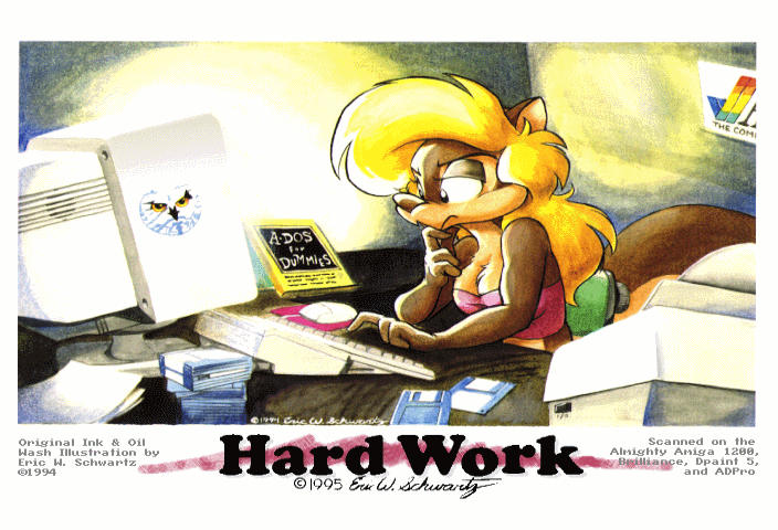 1994 1995 4_fingers amiga_(computer) amiga_1200 amiga_family amy_squirrel anthro blonde_hair book bra brown_body brown_fur clothing commodore_international computer computer_keyboard computer_mouse countershade_face countershade_torso countershading crt desk detailed_background english_text eric_schwartz eyeshadow female fingers floppy_disk fur furniture grey_eyeshadow hair inside keyboard makeup mammal microsoft monitor ms-dos pink_clothing rodent sciurid signature sitting solo table tan_body tan_fur text thinking traditional_media_(artwork) tree_squirrel underwear