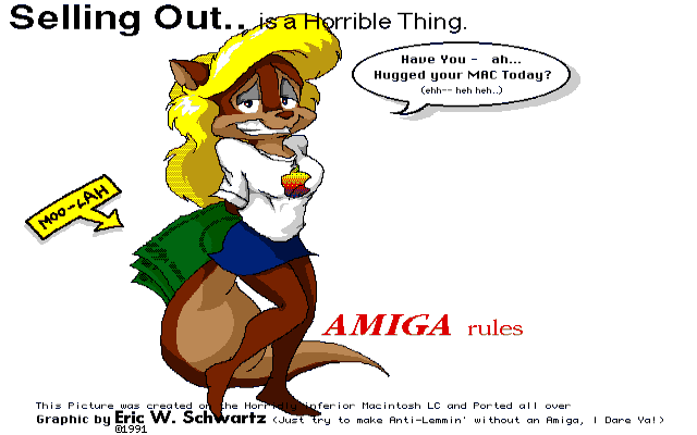 1991 aliasing amiga_(computer) amiga_family amy_squirrel anthro apple_inc. artist_name barefoot blonde_hair blue_clothing bottomwear brown_body brown_fur brown_nose clothed clothing commodore_international countershade_face countershade_tail countershading dialogue dithering english_text eric_schwartz eyeshadow feet female fully_clothed fur greed grey_eyeshadow hair hands_behind_back makeup mammal money plantigrade restricted_palette rodent sciurid shirt simple_background skirt smile solo speech_bubble standing tan_body tan_fur text topwear tree_squirrel white_background white_clothing