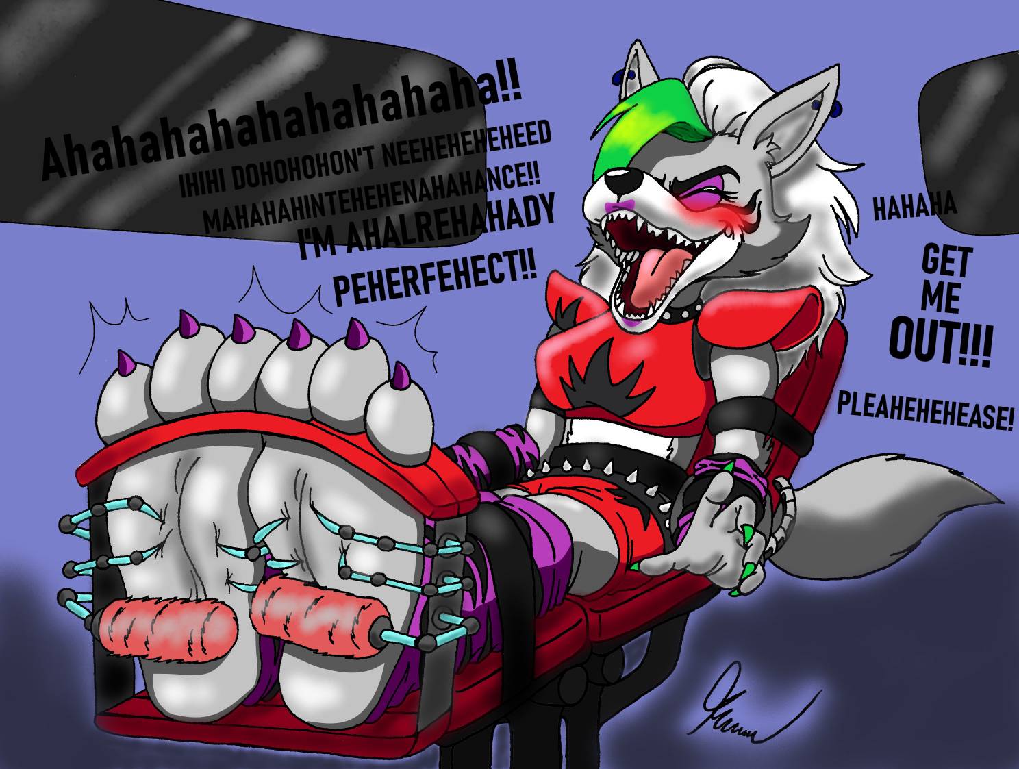 3_toes anthro barefoot bdsm begging blush bodily_fluids bondage bound breasts canid canine canis captured clothed clothing cuff_(restraint) english_text feet female five_nights_at_freddy's five_nights_at_freddy's:_security_breach foot_fetish foot_focus fully_bound laugh leather_cuffs mammal plantigrade restrained restraints roxanne_wolf_(fnaf) scottgames shackles sitting skimpy skoufidios soles solo submissive submissive_female tears text tickle_torture tickling tickling_machine toe_restraints toes video_games wolf