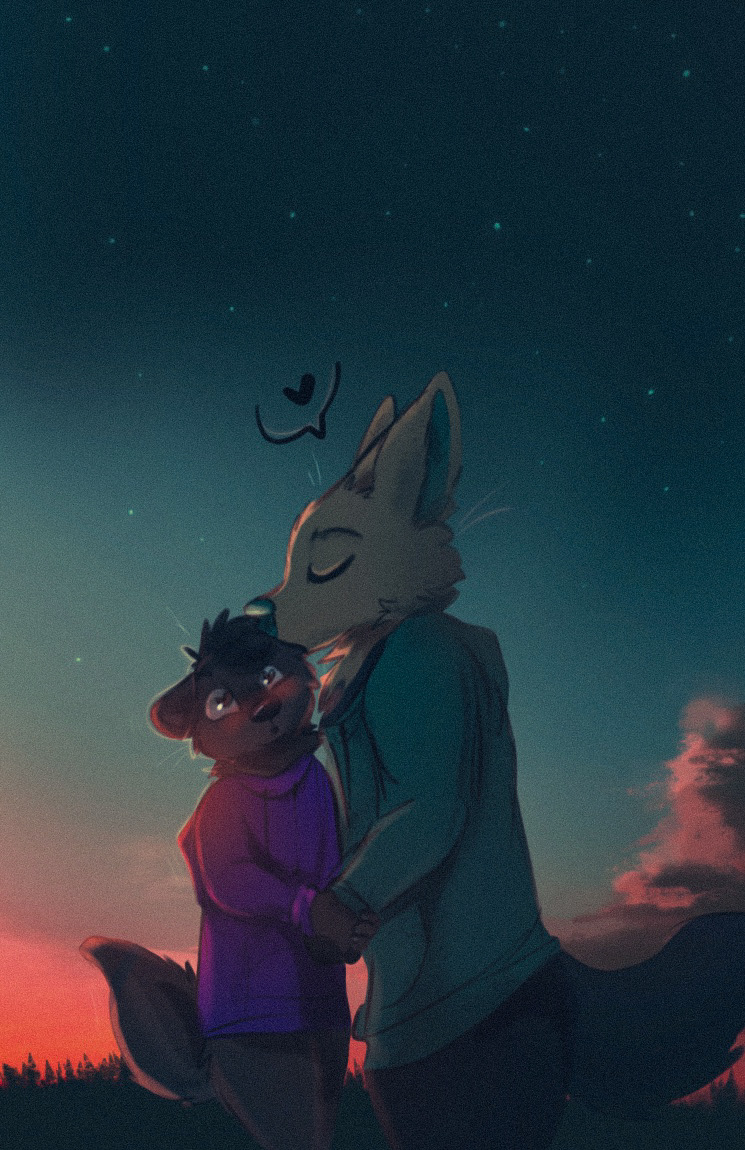 &lt;3 2022 anthro biped black_nose blue_nose blush bottomless brown_body brown_fur brown_hair canid canine canis clothed clothing cooper_(doctorotterface) digital_media_(artwork) duo fenidis_dei fox4 fur hair hand_holding head_kiss hoodie hoodie_only kissing_head lutrine male male/male mammal mustelid river_otter size_difference speech_bubble tan_body tan_fur topwear topwear_only wolf