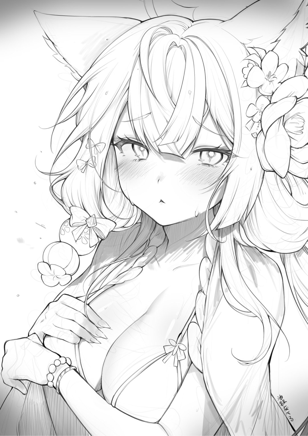 1girl animal_ear_fluff animal_ears bangs bead_bracelet beads bikini blue_archive blush bracelet breasts commentary fingernails flower fox_ears greyscale hair_between_eyes hair_flower hair_ornament halo highres jewelry large_breasts long_hair looking_at_viewer monochrome parted_lips sharp_fingernails simple_background sketch solo sweat swimsuit upper_body wakamo_(blue_archive) wakamo_(swimsuit)_(blue_archive) you_guo_chaocai
