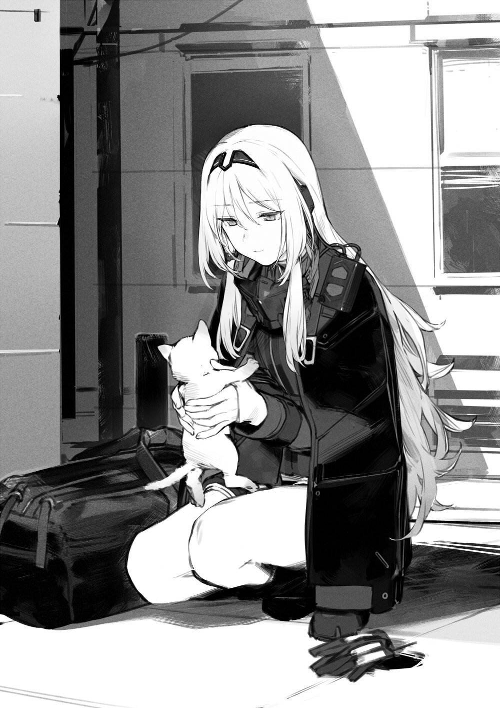 1girl an-94_(girls_frontline) animal bag bangs boots cat duffel_bag duoyuanjun eyebrows eyebrows_visible_through_hair eyes_visible_through_hair flipped_hair gas_mask girls_frontline gloves gloves_removed greyscale hair_between_eyes hairband highres holding holding_animal holding_cat jacket jacket_on_shoulders knee_boots knees long_hair mask_around_neck monochrome open_clothes open_jacket shadow short_shorts shorts sidelocks smile squatting thigh_strap thighs tsurime