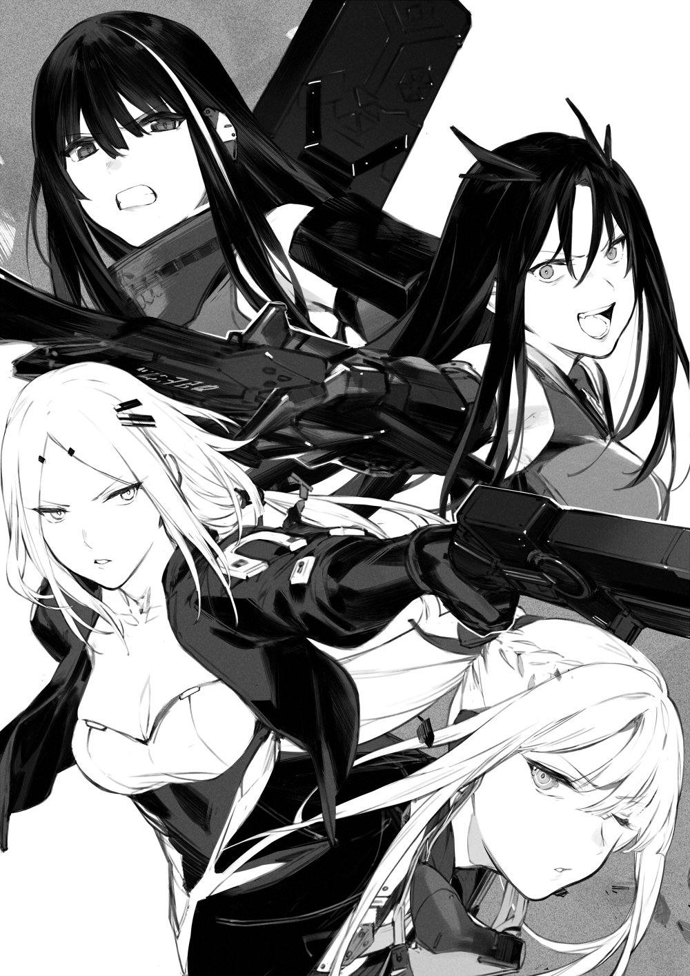 4girls ak-12_(girls_frontline) angry armor braid breasts cleavage duoyuanjun executioner_(girls_frontline) eyebrows_visible_through_hair french_braid gas_mask girls_frontline greyscale hair_between_eyes hair_ornament headgear high_ponytail highres holding holding_sword holding_weapon hunter_(girls_frontline) jacket long_hair looking_at_viewer low_ponytail m4a1_(girls_frontline) mask_around_neck mechanical_eye medium_breasts monochrome multicolored_hair multiple_girls one_eye_closed open_clothes open_jacket open_mouth parted_lips sangvis_ferri sidelocks streaked_hair sweater sword underbust weapon