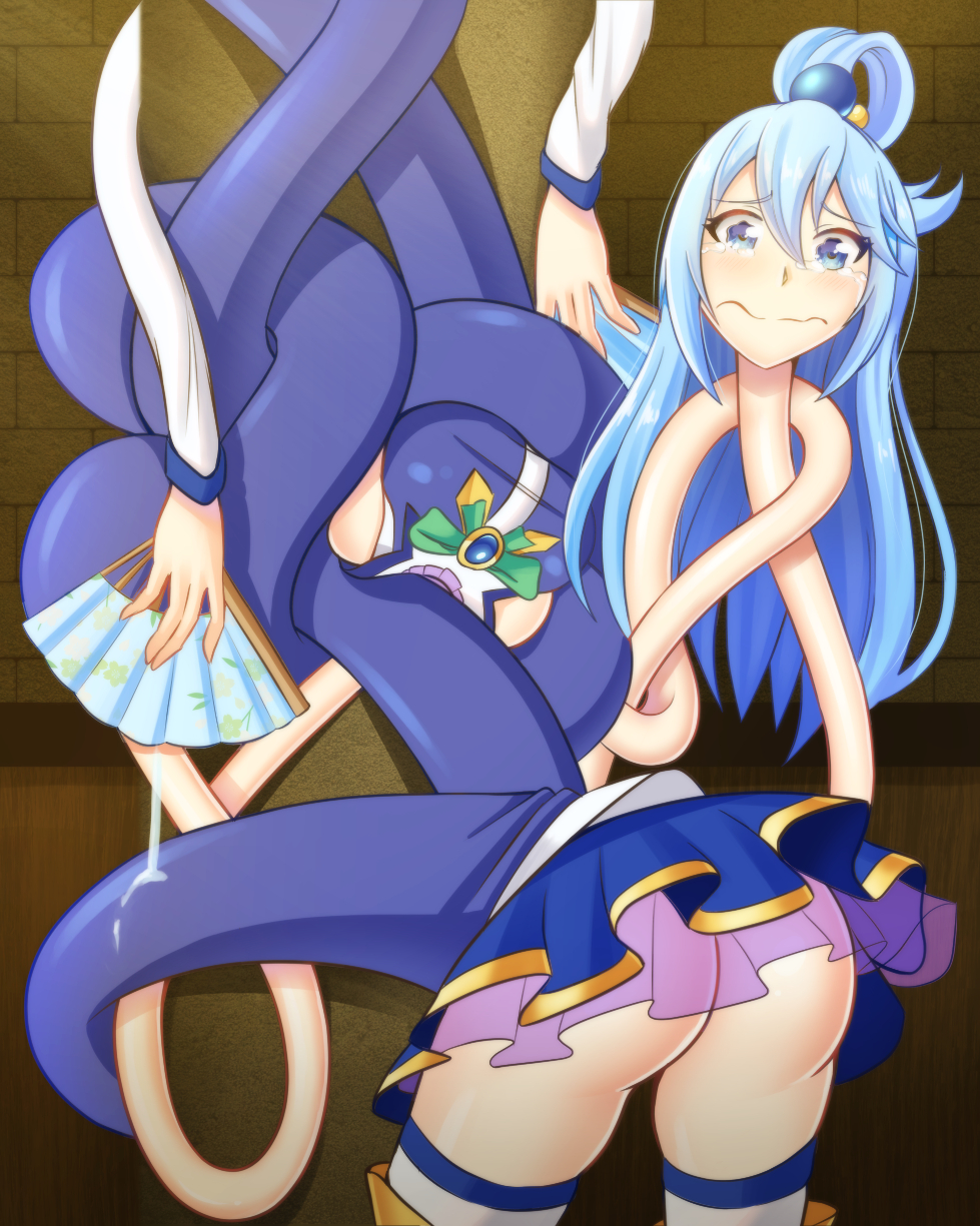 2019 accessory aqua_(konosuba) blue_eyes blue_hair blush breasts butt clothing elastic elastic_body embarrassed female hair hair_accessory hand_fan hi_res human konosuba:_god's_blessing_on_this_wonderful_world! legwear mammal pantsu-desu rubber rubber_clothing teary_eyes thigh_highs