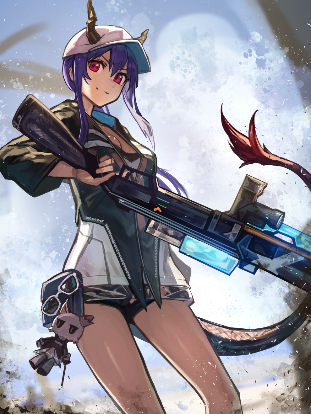 1girl aito arknights baseball_cap black_jacket blue_hair cameo ch'en_(ageless_afterglow)_(arknights) ch'en_(arknights) charm_(object) cowboy_shot dragon_girl dragon_horns dragon_tail eyewear_removed fur-tipped_tail gun hair_between_eyes hat highres holding holding_gun holding_weapon horns horns_through_headwear jacket long_hair official_alternate_costume red_eyes sidelocks smile solo split_mouth sunglasses swimsuit tail talulah_(arknights) talulah_the_fighter_(arknights) weapon white_headwear