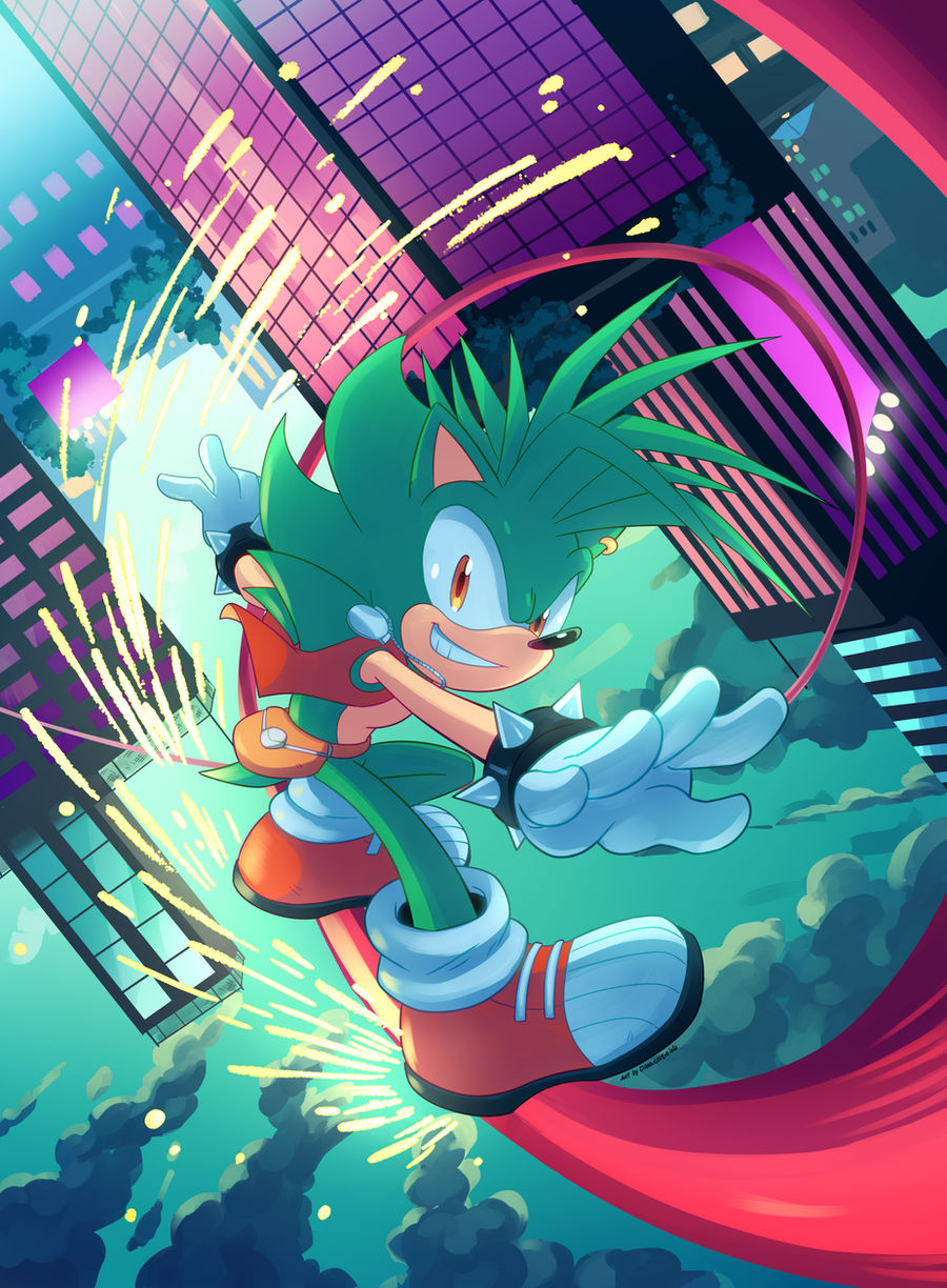 1boy animal_nose city cloud commission drawloverlala full_body gloves green_fur hedgehog_ears hedgehog_tail highres jacket male_focus manic_the_hedgehog medallion quill railing red_footwear sleeveless smile solo sonic_(series) sonic_underground sparks spiked_gloves spiked_hair teeth upside-down white_gloves yellow_eyes