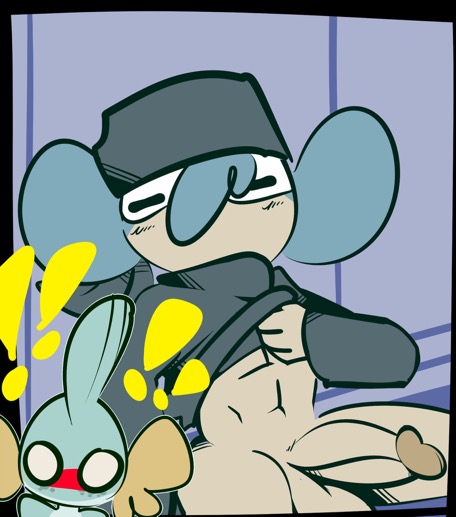 1-upclock anthro balls blush clothing dick_pic duo female genitals gentials headgear jacket kay_(1-upclock) male male/female mudkip nintendo no_pupils panpour penis pok&eacute;mon pok&eacute;mon_(species) shocked tobias_(1-upclock) topwear video_games