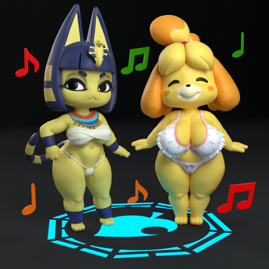 2022 3_toes 3d_(artwork) 4_fingers animal_crossing ankha_(animal_crossing) anthro areola areola_slip bandage barefoot big_breasts black_nose blue_hair bob_cut breasts canid canine canis chubby_anthro chubby_female cleavage clothed clothing digital_media_(artwork) domestic_cat domestic_dog duo eyelashes eyes_closed feet felid feline felis female fingers full-length_portrait fur general_buta hair half-closed_eyes huge_breasts isabelle_(animal_crossing) legs_together makeup mammal mascara musical_note narrowed_eyes navel nintendo panties portrait shih_tzu short_stack smile standing thick_thighs thong toes toy_dog under_boob underwear underwear_only uraeus usekh video_games wide_hips yellow_body yellow_fur