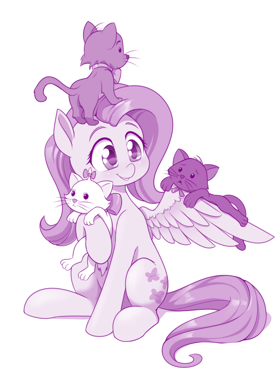 2019 berlioz_(aristocats) carrying cutie_mark disney domestic_cat dstears equid equine eyelashes feathered_wings feathers felid feline felis female feral fluttershy_(mlp) friendship_is_magic hasbro hi_res male mammal marie_(aristocats) monochrome my_little_pony pegasus ribbons simple_background sitting smile spread_wings the_aristocats toulouse_(aristocats) whiskers white_background wings