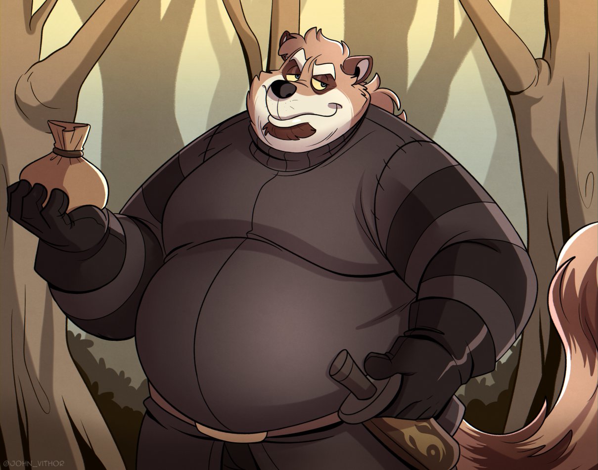 2022 anthro belly big_belly black_nose brown_body brown_fur fur humanoid_hands john_vithor male mammal money_bag outside overweight overweight_male plant procyonid raccoon solo tree weapon