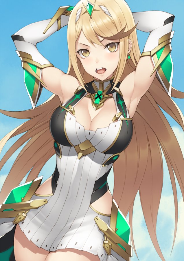 1girl armpits arms_behind_head bangs banned_artist blonde_hair blue_sky breasts cleavage cloud cloudy_sky dress earrings elbow_gloves gloves jewelry kyoeiki looking_at_viewer mythra_(xenoblade) open_mouth outdoors sky sleeveless sleeveless_dress solo tiara white_dress white_gloves xenoblade_chronicles_(series) xenoblade_chronicles_2