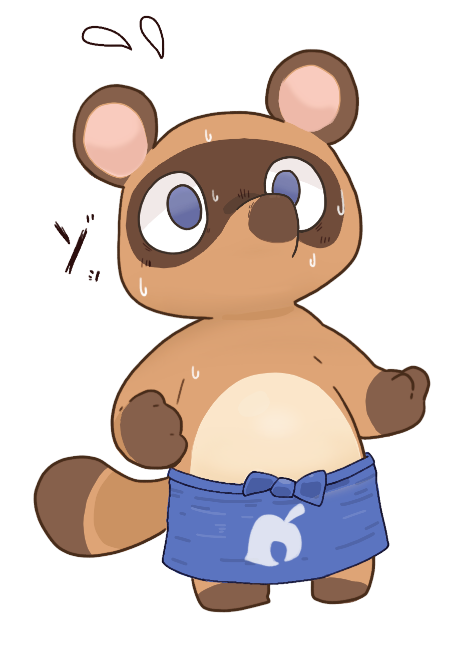 2022 animal_crossing anthro apron blue_eyes bodily_fluids brown_body canid canine chibi clothing hi_res japanese_text kemono mammal nintendo raccoon_dog simple_background solo sweat tanuki text tinntira tom_nook_(animal_crossing) video_games white_background
