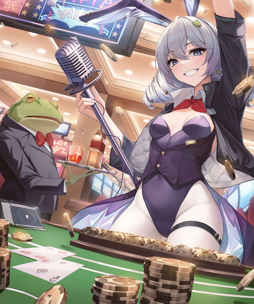1girl arm_up black_sleeves blue_eyes bow bowtie breasts casino casino_card_table chips clenched_teeth coattails commentary_request cowboy_shot cup detached_collar dot_nose drill_hair drink food formal four_of_hearts frog frog_hair_ornament g_home glass grey_hair hair_between_eyes hair_ornament highleg highleg_leotard highres holding holding_microphone_stand holding_tray indoors jacket legs_apart leotard looking_at_viewer medium_hair microphone_stand open_clothes open_jacket open_mouth original outstretched_arm playboy_bunny red_bow red_bowtie short_sleeves small_breasts solo_focus strapless strapless_leotard suit teeth thigh_strap traditional_bowtie tray twin_drills two_of_diamonds vest white_legwear