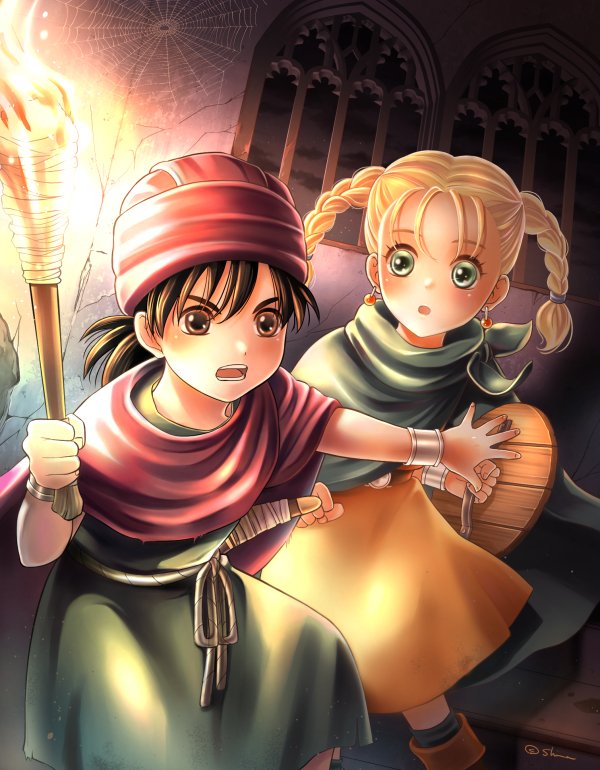 1boy 1girl bianca_(dq5) black_hair blonde_hair bracelet braid brown_eyes cape child dragon_quest dragon_quest_v dress earrings green_cape green_eyes hero_(dq5) holding holding_shield holding_torch indoors jewelry long_hair low_ponytail open_mouth orange_dress purple_cape shield shina_art silk spider_web torch turban twin_braids twintails younger