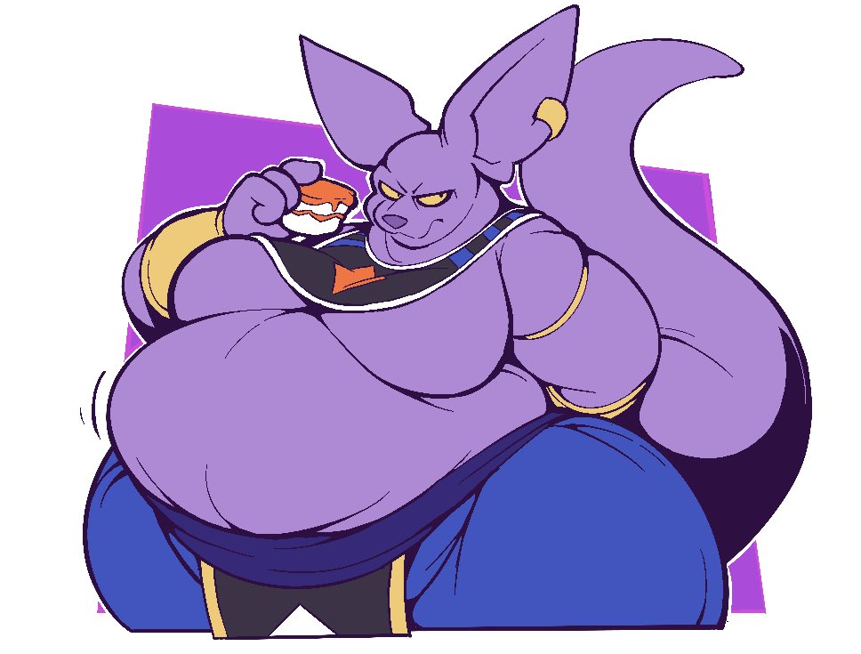 anthro beerus belly big_belly boot_(artist) clothed clothing domestic_cat dragon_ball dragon_ball_super felid feline felis food male mammal moobs overweight overweight_male solo thick_tail thick_thighs wide_hips yellow_sclera