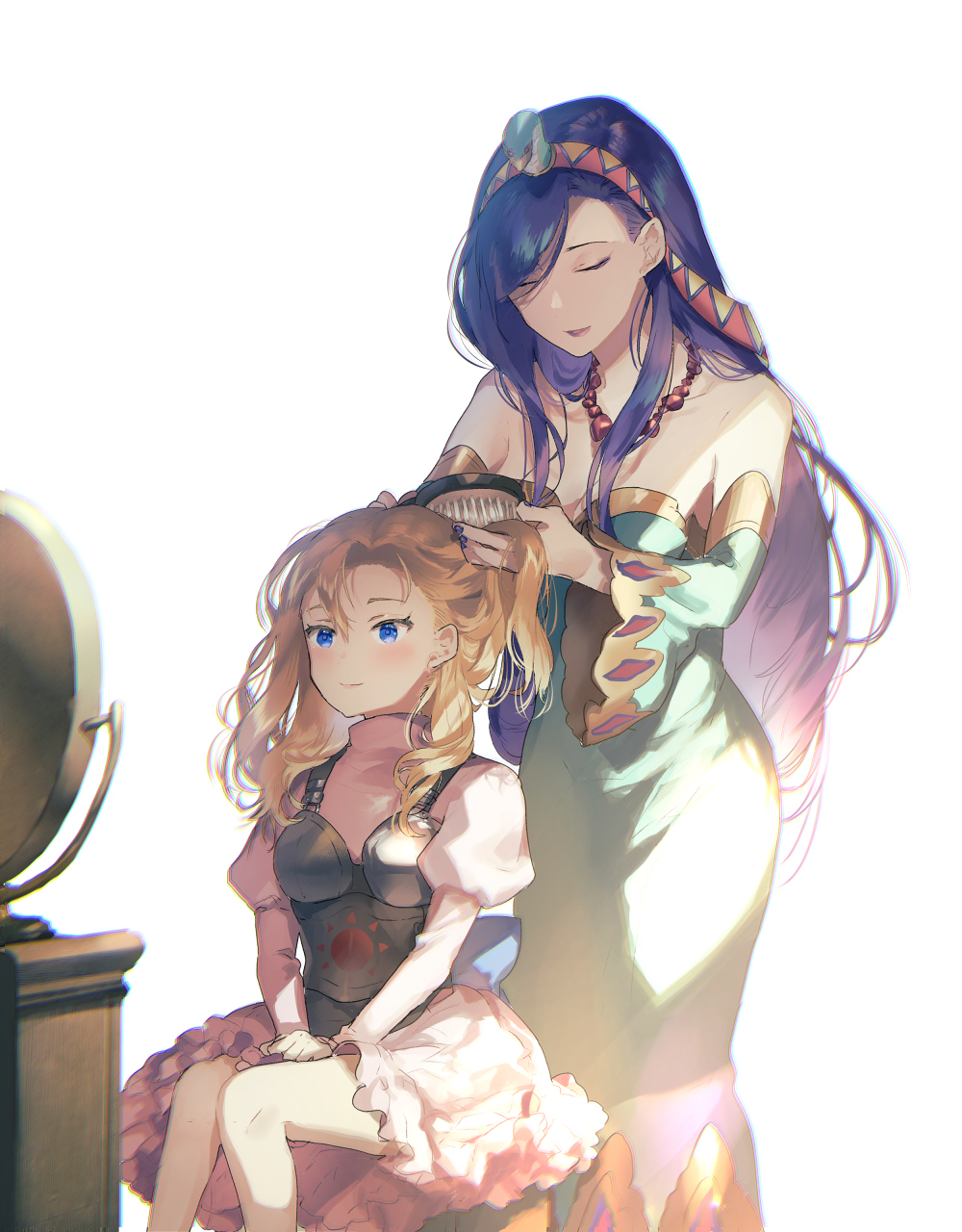 2girls armor blonde_hair blue_eyes blue_hair blush breastplate breasts brushing_hair chrono_cross cleavage closed_eyes detached_sleeves dress female_child frilled_dress frills green_dress hair_between_eyes hair_over_one_eye hairband hand_in_another's_hair hands_on_lap highres jewelry long_dress long_hair long_sleeves marcy_(chrono_cross) medium_breasts medium_hair mirror multiple_girls necklace open_mouth pink_dress puffy_sleeves riddel_(chrono_cross) sitting straight_hair strapless strapless_dress sunakumo talking upper_body wavy_hair white_background