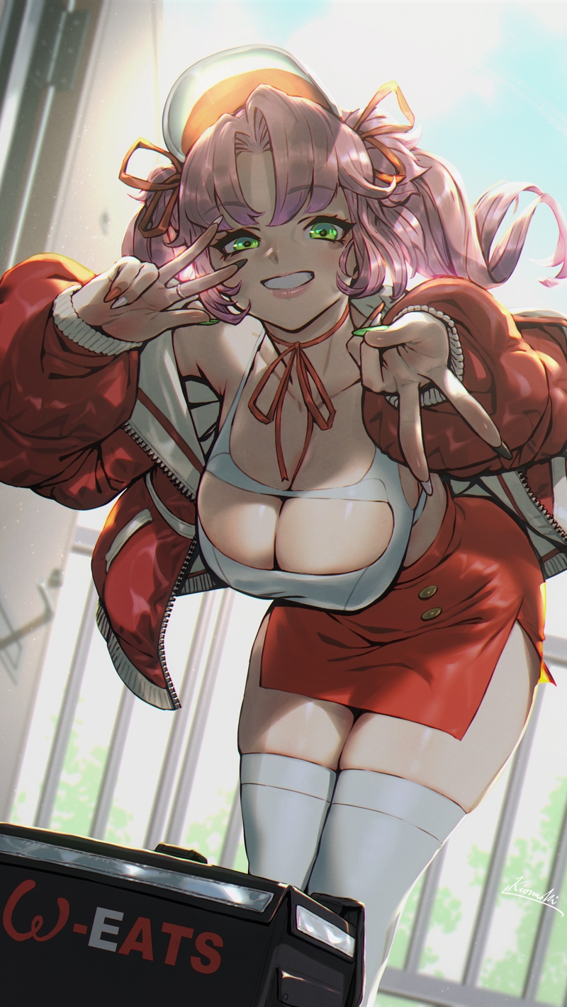 1girl bangs bending breasts cleavage cleavage_cutout clenched_teeth clothing_cutout delivery door door_handle doorway eyebrows_behind_hair green_eyes hair_ornament highres jacket jewelry kio_naoki large_breasts long_hair long_sleeves looking_at_viewer misao_(salverion) nail_polish open_clothes open_jacket original pink_hair red_jacket ribbon ring skirt smile solo teeth thighhighs twintails v
