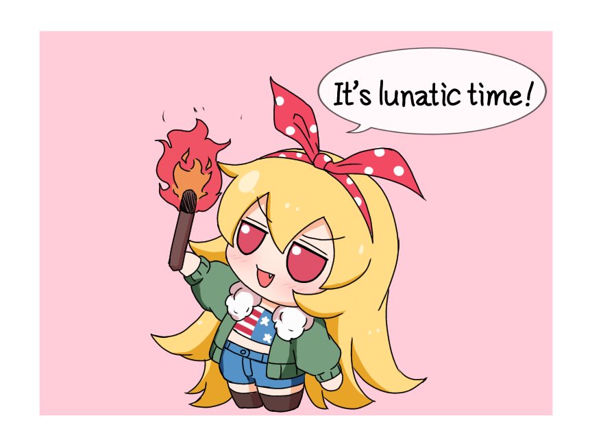 1girl alternate_costume american_flag_shirt arm_up bangs blonde_hair blue_shorts blush boots border brown_footwear chibi clownpiece coat commentary_request english_text fang fire full_body fumo_(doll) green_coat hair_between_eyes hairband hand_up holding holding_torch long_hair long_sleeves looking_up open_clothes open_coat open_mouth outside_border pink_background polka_dot polka_dot_hairband polka_dot_ribbon puffy_long_sleeves puffy_sleeves red_eyes red_hairband red_ribbon ribbon shirt shorts simple_background smile solo speech_bubble standing star_(symbol) star_print striped striped_shirt t-shirt tasuku_(tusktouhou4) torch touhou v-shaped_eyebrows very_long_hair white_border