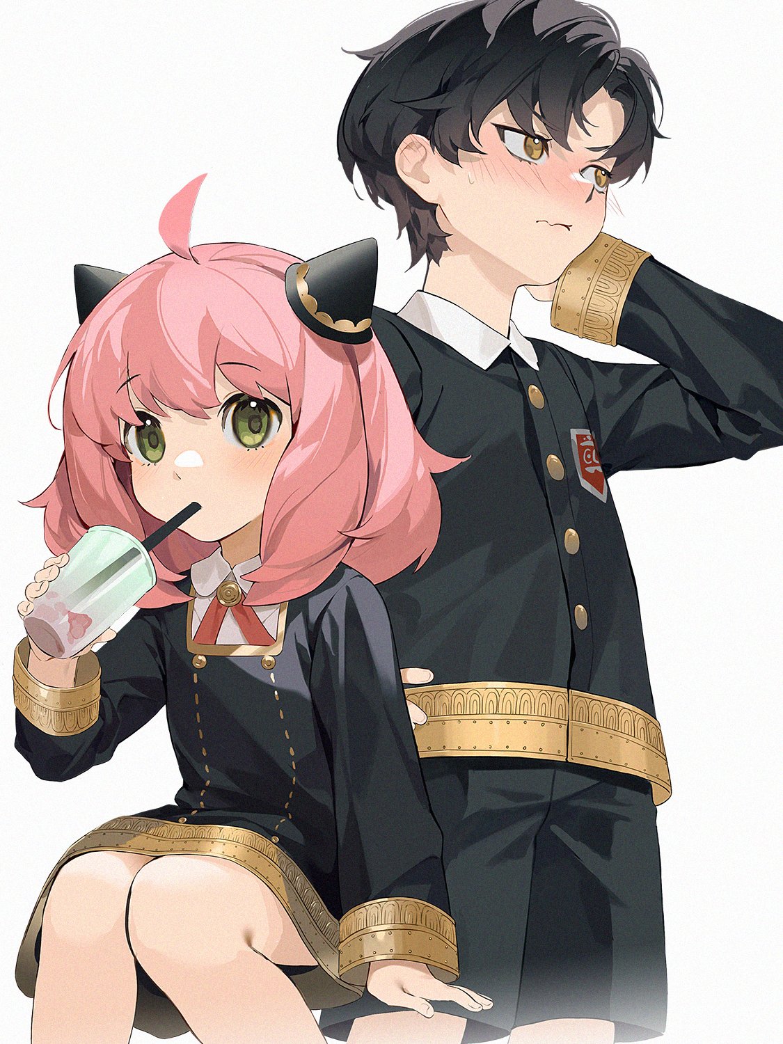 1boy 1girl ahoge anya_(spy_x_family) arm_at_side arm_support bangs black_dress black_hair black_jacket black_shorts blush brown_eyes child closed_mouth collared_shirt commentary cup damian_desmond disposable_cup dress drinking drinking_straw drinking_straw_in_mouth eden_academy_uniform embarrassed english_commentary fake_horns feet_out_of_frame female_child green_eyes hair_ornament hand_on_hip hand_up highres holding holding_cup horns invisible_chair jacket long_sleeves looking_at_viewer looking_away male_child medium_hair mouth_hold neck_ribbon pinafore_dress pink_hair ribbon school_uniform shirt short_hair shorts simple_background sitting spy_x_family standing thighhighs wavy_mouth white_background white_shirt xiaojiaju