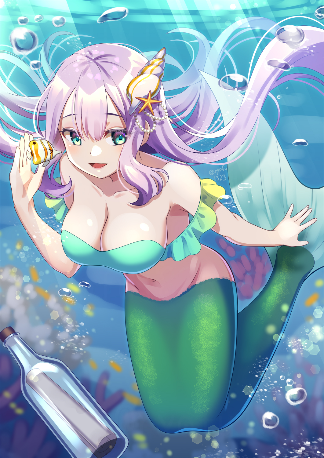 1girl :d air_bubble artist_name bangs bikini bikini_top_only bottle breasts bubble cleavage collarbone commentary_request conch fish green_bikini green_eyes hair_between_eyes heterochromia highres large_breasts long_hair mermaid monster_girl navel open_mouth original paper pearl_hair_ornament purple_eyes purple_hair ryofuhiko shell_hair_ornament smile solo starfish_hair_ornament swimming swimsuit twitter_username underwater watermark