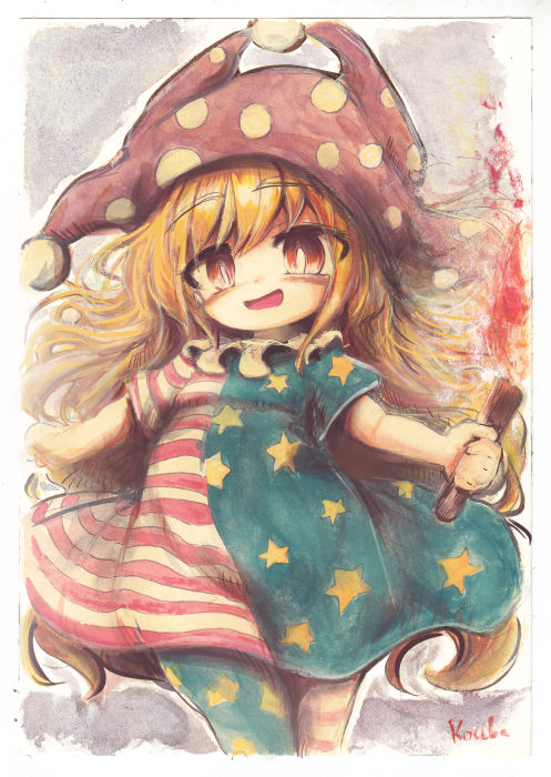 1girl american_flag_dress american_flag_legwear artist_name blonde_hair brown_eyes clownpiece commentary_request cowboy_shot hat holding holding_torch jester_cap kouba long_hair looking_at_viewer neck_ruff open_mouth purple_headwear short_sleeves solo torch touhou