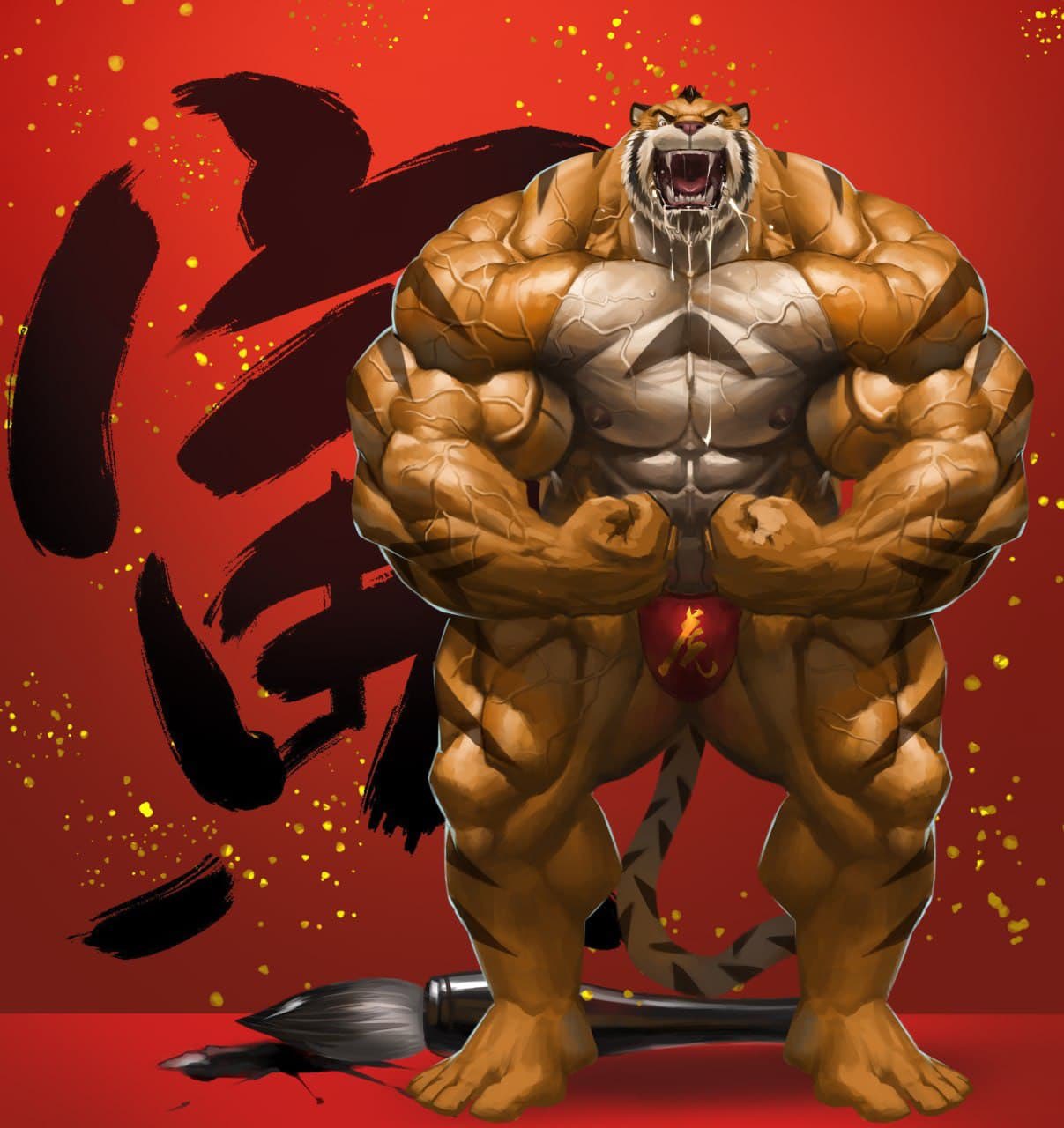 2022 5_fingers 5_toes anthro big_muscles black_body black_fur bodily_fluids bulge chinese_new_year chinese_zodiac clothed clothing drooling echin feet felid fingers flexing fur hi_res huge_muscles hulooo humanoid_feet humanoid_hands looking_at_viewer male mammal muscular muscular_anthro muscular_male nipples orange_body orange_fur pantherine pink_nipples pink_nose plantigrade roaring saliva standing striped_body striped_fur stripes tiger toes topless underwear underwear_only veiny_muscles white_body white_fur year_of_the_tiger