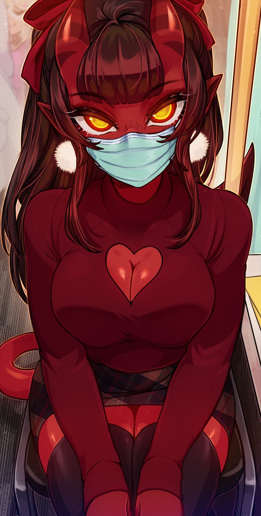1girl bangs black_legwear bow breasts cleavage cleavage_cutout clothing_cutout colored_skin demon_girl demon_horns demon_tail earrings hair_bow highres horns indoors jewelry long_sleeves looking_at_viewer mask meruccubus_(merunyaa) merunyaa mouth_mask original pointy_ears red_skin red_skirt red_sweater sitting skirt solo subway sweater tail thighhighs yellow_eyes