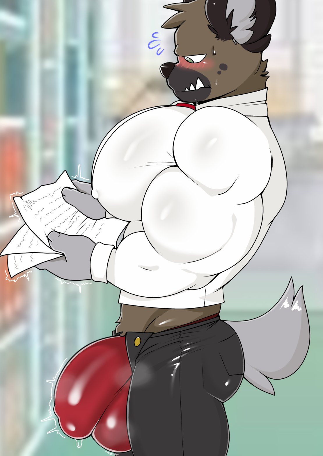 aggressive_retsuko anthro big_bulge big_muscles big_pecs blush bottomwear bulge clothed clothing haida hi_res hyaenid male mammal muscular open_bottomwear open_clothing open_pants pants pecs sanrio solo tsukielewds underwear