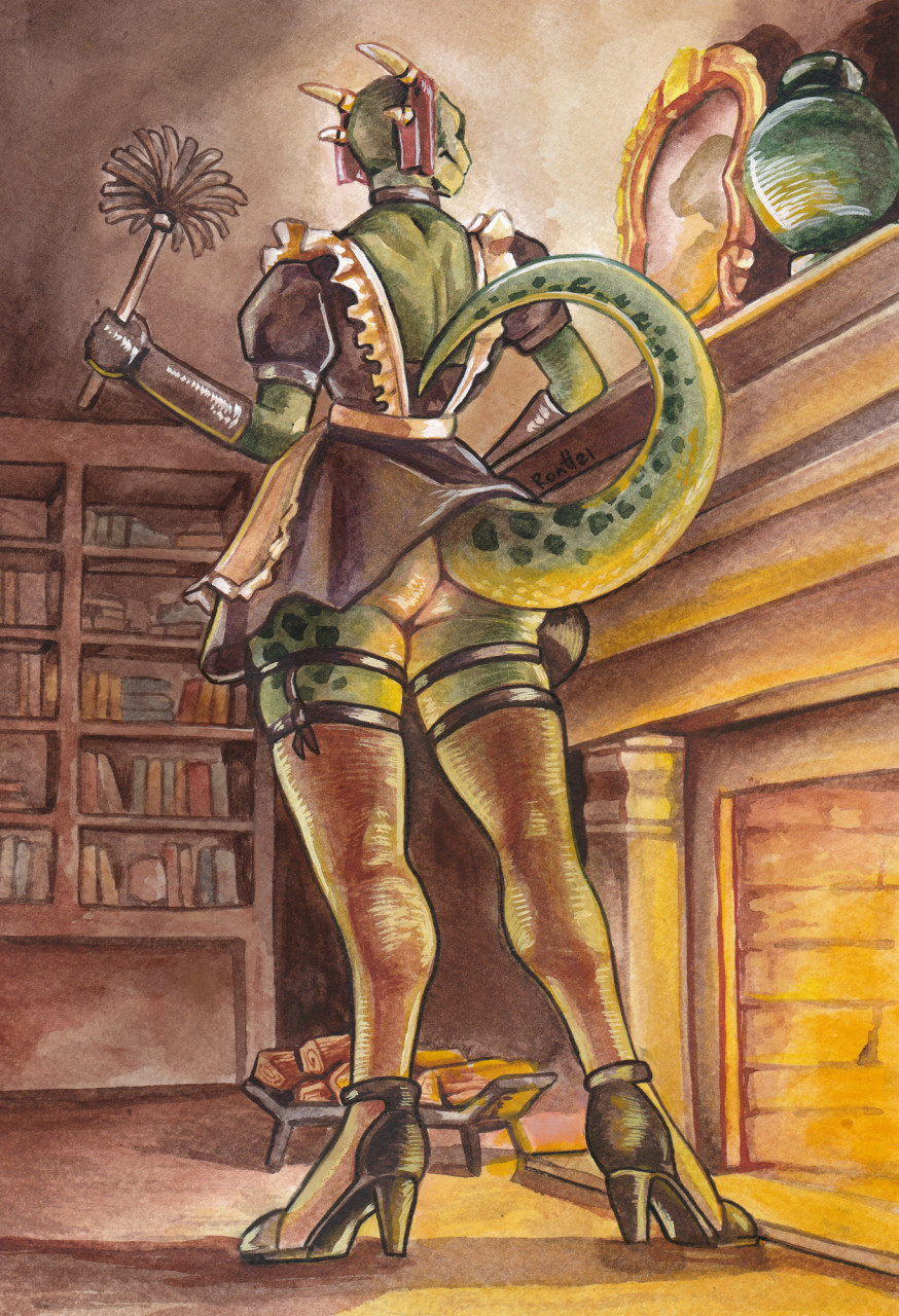 2021 anthro argonian armwear bethesda_softworks biped bookshelf butt choker cleaning_tool clothed clothing colored detailed_background elbow_gloves feather_duster female fireplace full-length_portrait fully_clothed furniture gloves green_body green_skin handwear hi_res high_heels holding_object horn horn_jewelry inside jewelry legwear lifts-her-tail low-angle_view lusty_argonian_maid maid_uniform mirror necklace painting_(artwork) portrait raised_tail rear_view ronff scales scalie signature small_waist solo spikes spikes_(anatomy) standing stockings the_elder_scrolls traditional_media_(artwork) uniform upskirt vase video_games watercolor_(artwork) wood