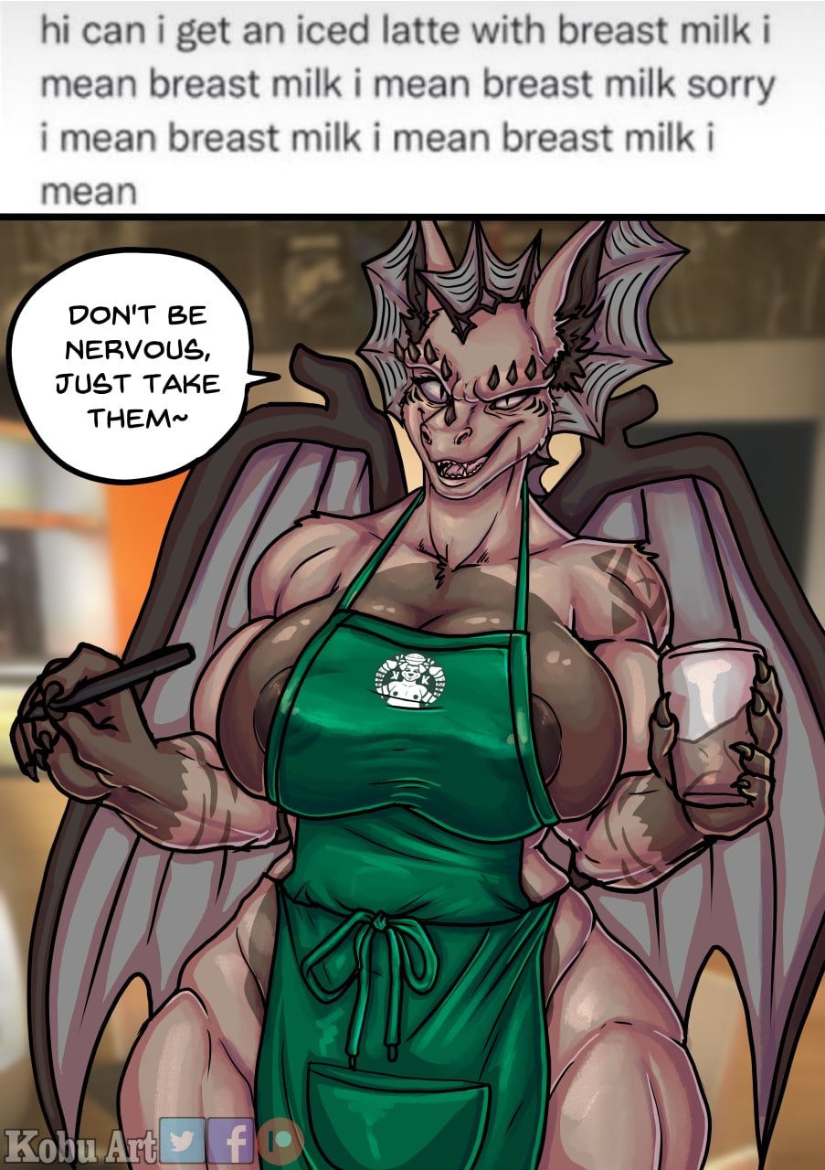 anthro beverage big_breasts breasts coffee dragon female hi_res i_mean_breast_milk kobu_art meme milk muscular muscular_female nipples smile solo starbucks thick_thighs wings zadath_(kobu_art)