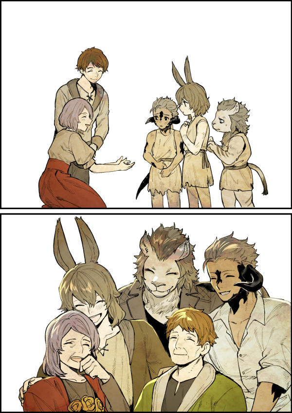 ^_^ ^o^ adoption age_progression ambiguous_gender animal_ears animal_humanoid anthro au_ra bangs bottomwear brown_clothing brown_hair brown_jacket brown_shirt brown_topwear child clothing collarbone collared_shirt comic dirty dirty_clothes dragon_horn dragon_tail eyes_closed facing_another family fangs felid female final_fantasy final_fantasy_xiv hair hand_on_another's_shoulder hand_on_own_chin hands_on_own_chest horn hrothgar human humanoid jacket kneeling lagomorph lagomorph_humanoid laugh looking_at_another male male_child mammal mammal_humanoid niboshi_kom old old_man old_woman open_mouth outstretched_arms puffy_short_sleeves puffy_sleeves rabbit_ears red_bottomwear red_clothing red_skirt scales scalie scalie_humanoid seiza shirt short_hair short_sleeves simple_background sitting skirt sleeveless sleeveless_shirt smile square_enix standing tail_tuft topwear torn_clothing tuft video_games viera white_background white_clothing white_shirt white_topwear young