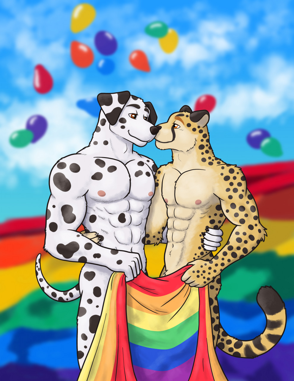 abs anthro artsywoodpecker biceps butt canid canine canis cheetah covering dalmatian domestic_dog duo felid feline hi_res lgbt_pride love male male/male mammal muscular nipples nude nuzzling pecs pride_color_flag pride_colors romantic romantic_couple smile spots