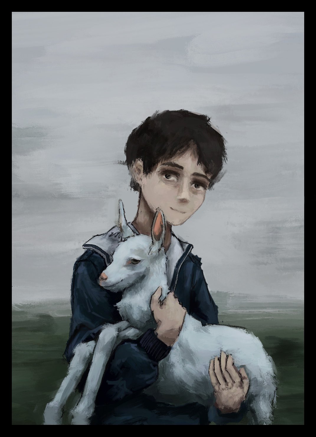 2022 anon2000000 background_sky black_hair bovid caprine clothed clothing digital_media_(artwork) digital_painting_(artwork) duo feral fully_clothed fur hair hi_res holding_animal human humanoid looking_at_viewer male mammal painted_background sheep solo white_body white_fur white_skin wool_(fur) young