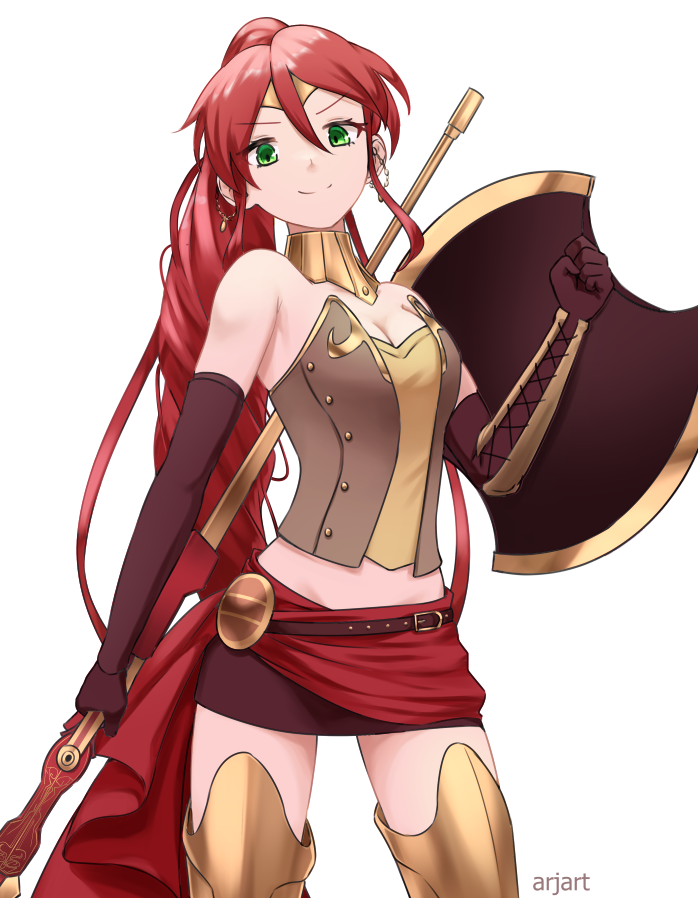 1girl ar_jart armlet armor armored_boots belt boots breastplate breasts buckle circlet cleavage elbow_gloves forehead_protector gloves gorget green_eyes javelin_(spear) leg_armor long_hair looking_at_another milo_and_akouo miniskirt polearm ponytail pyrrha_nikos red_hair rwby sarong shield skirt smile solo spear vambraces weapon weapon_behind_back