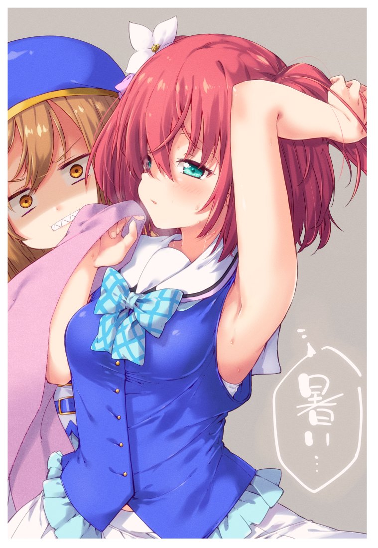 2girls angry aqua_eyes arm_behind_head arm_up armpits bangs beret blue_bow blue_headwear blue_vest blush border bow breasts brown_eyes brown_hair clenched_teeth commentary constricted_pupils flower grey_background hair_flower hair_ornament half-closed_eyes hand_to_own_mouth hand_up hat holding holding_towel kunikida_hanamaru kurosawa_ruby love_live! love_live!_sunshine!! mirai_no_bokura_wa_shitteru_yo multiple_girls no_coat parted_lips plaid plaid_bow red_hair sailor_collar shaded_face sharp_teeth short_twintails simple_background small_breasts solo_focus sweat tanabe_mupa teeth towel translated twintails v-shaped_eyebrows vest white_border white_flower white_sailor_collar wiping_sweat
