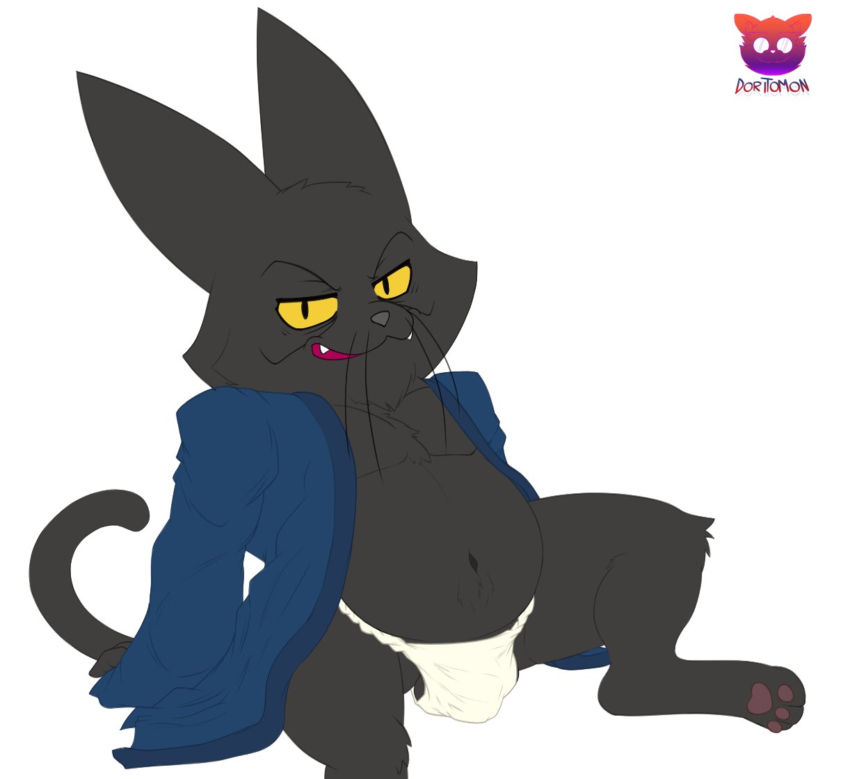 anthro asian_clothing black_body black_fur cartoon_network clothing domestic_cat doritomon east_asian_clothing felid feline felis fundoshi fur japanese_clothing kimono male mammal mao_mao:_heroes_of_pure_heart mature_male navel shin_mao sitting slightly_chubby solo underwear yellow_eyes