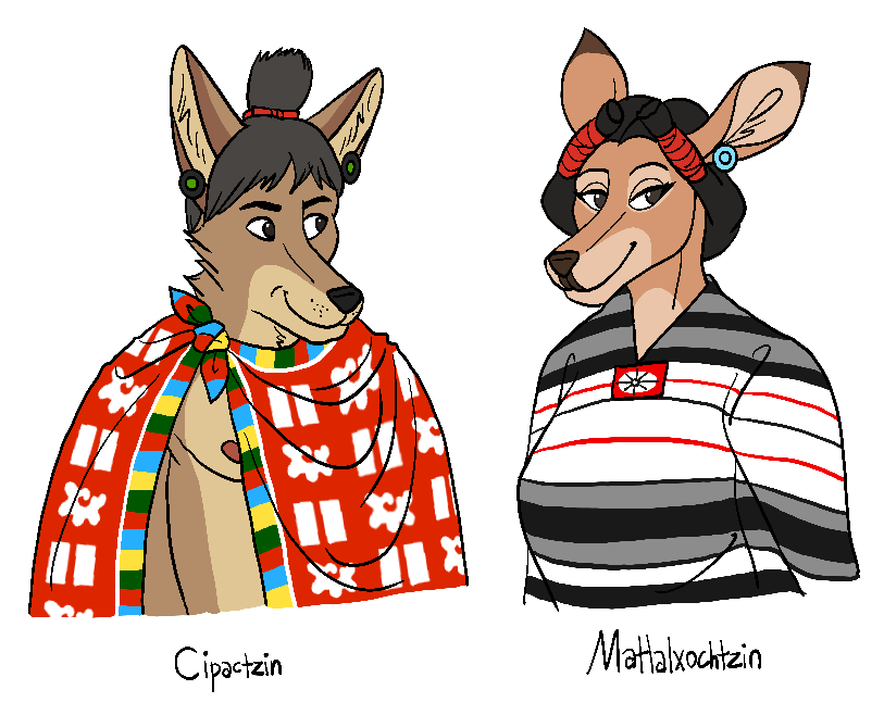 2022 anthro aztec black_hair black_nose breasts bust_portrait canid canine canis cervid cervine character_name cipactli_(ohs688) cloak clothed clothing coyote dress duo female fur hair husband_and_wife male mammal married_couple matlalxochitl nipples ohs688 portrait smile tan_body tan_fur