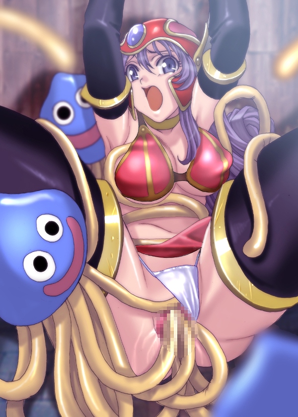 :d :o armlet armor armpits arms_up bangs bestiality bikini_armor black_eyes black_gloves black_legwear breast_grab breasts censored choker cleavage clothed_sex dragon_quest dragon_quest_iii elbow_gloves fingering gem gloves grabbing group_sex helmet hoimi_slime ichijiku large_breasts long_hair monster mosaic_censoring open_mouth panties panties_aside purple_eyes purple_hair pussy pussy_juice rape red_armor restrained smile soldier_(dq3) solo_focus tentacles tentacles_under_clothes thighhighs thong underboob underwear white_panties