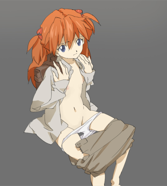 backpack bad_id bad_pixiv_id bag blue_eyes flat_chest hair_ornament hairclip long_hair neemui neon_genesis_evangelion nipples open_clothes open_shirt orange_hair panties panty_pull shirt skirt skirt_pull solo souryuu_asuka_langley underwear undressing younger zipper