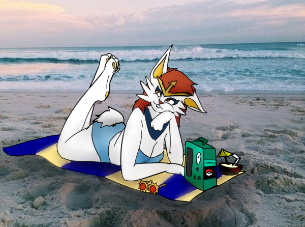 anthro beach beverage cinderace eyewear female glasses lori_(rhode_arts) nintendo pok&eacute;mon pok&eacute;mon_(species) pose radio rhode_arts sea seaside solo sunbathing video_games water