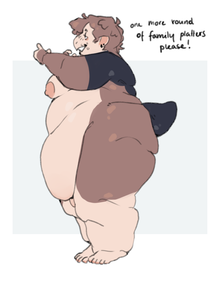 anthro crumbs english_text kyrosh male nipples obese overweight solo standing text toshi_(kyrosh) weight_gain