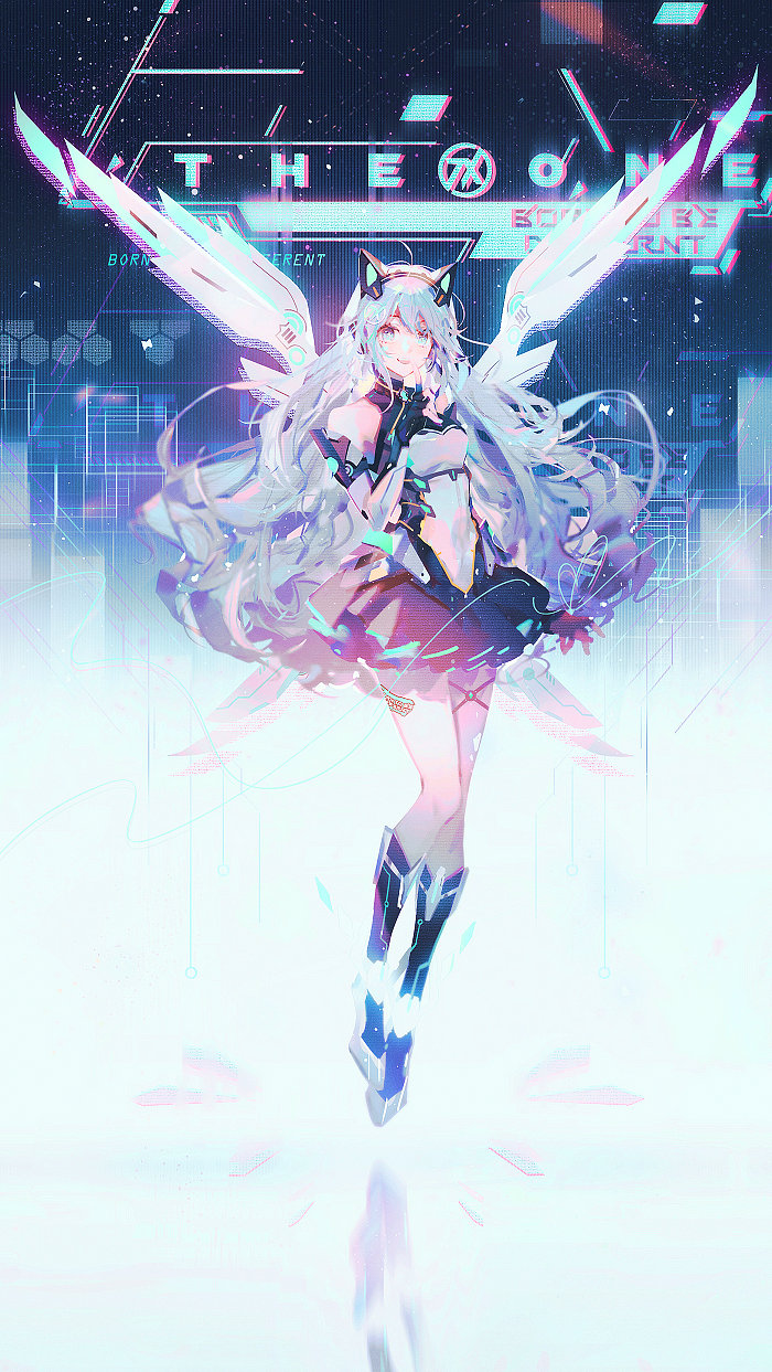 1girl cat_ear_hairband dress floating full_body highres hologram index_finger_raised long_hair metal_wings mian_lang multicolored_clothes multicolored_dress original skirt smile solo white_hair