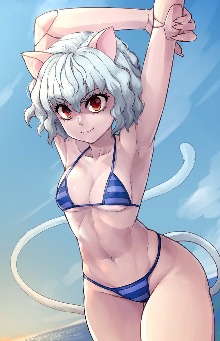 1girl animal_ears armpits bikini blue_bikini blue_sky cat_ears cat_tail closed_mouth day doll_joints fingernails grey_hair hair_between_eyes hunter_x_hunter joints long_fingernails looking_at_viewer maritan_(pixelmaritan) medium_hair navel neferpitou ocean outdoors red_eyes sharp_fingernails sky slit_pupils smile solo stretch striped striped_bikini swimsuit tail toned