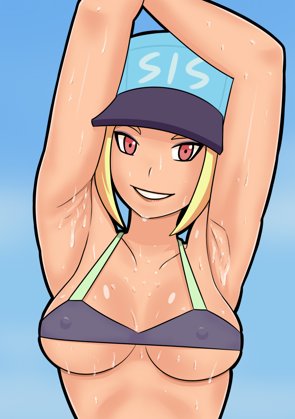 1girl armpits arms_up bare_shoulders bikini blonde_hair blue_background breasts cleavage collarbone covered_nipples eyeliner hat highres lips looking_at_viewer makeup medium_breasts original red_eyes saberrung shiny shiny_skin sidelocks smile sport_girl_(saberrung) stretch sweat swimsuit underboob upper_body wet
