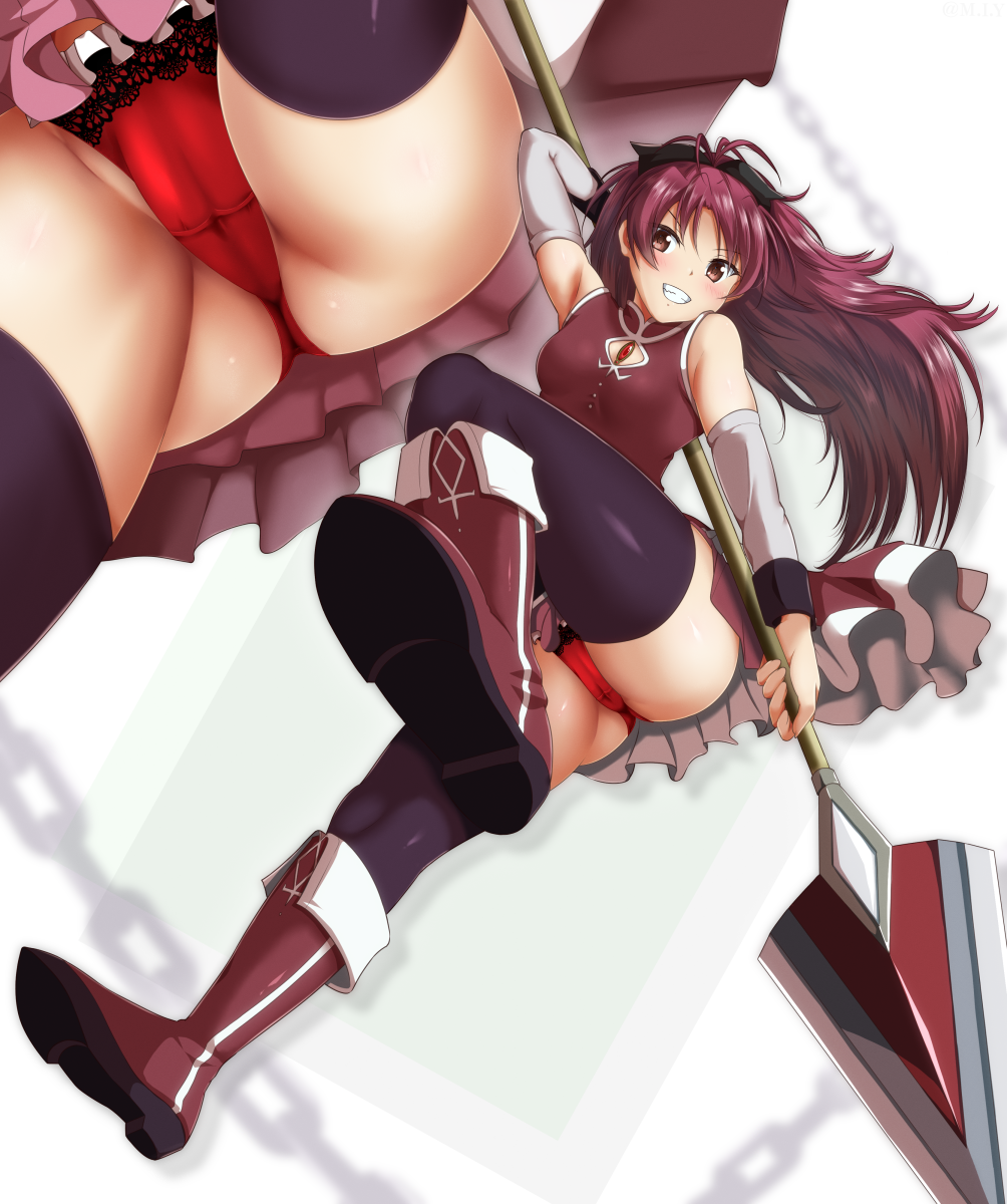 1girl ass bare_shoulders black_legwear boots detached_sleeves highres holding holding_polearm holding_weapon lace lace_panties long_hair m.i.y magical_girl mahou_shoujo_madoka_magica panties pantyshot polearm ponytail red_eyes red_hair red_panties sakura_kyouko spear thighhighs thighs underwear weapon