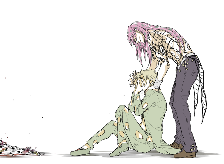 3boys arm_tattoo bangs belt blood blood_on_clothes bruno_buccellati clothing_cutout constricted_pupils covered_eyes covering_face crying death diavolo dong_(azuma44) green_hair hand_on_another's_shoulder hands_up jojo_no_kimyou_na_bouken knee_up leaning_forward long_sleeves male_focus multicolored_hair multiple_boys on_ground out_of_frame pannacotta_fugo pink_hair polka_dot_hair scared sitting smile tattoo tears topless_male two-tone_hair vento_aureo wristband