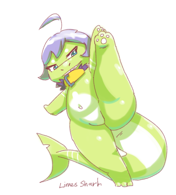 anthro chibi fish hair lime_body male marine misterdonut purple_hair raised_leg shark shark_tail solo